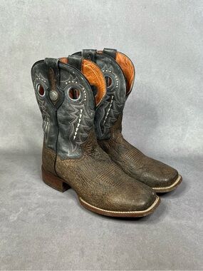 Dan Post Brown Foot Black Shaft Cowboy Boots with Orange Lining Accents